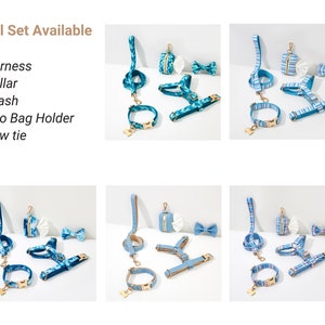 May include: A collection of dog accessories, including harnesses, collars, leashes, a poo bag holder, and bow ties. The sets feature various blue patterns and solid colors, with gold-colored hardware. The text "Full Set Available" is displayed at the top.