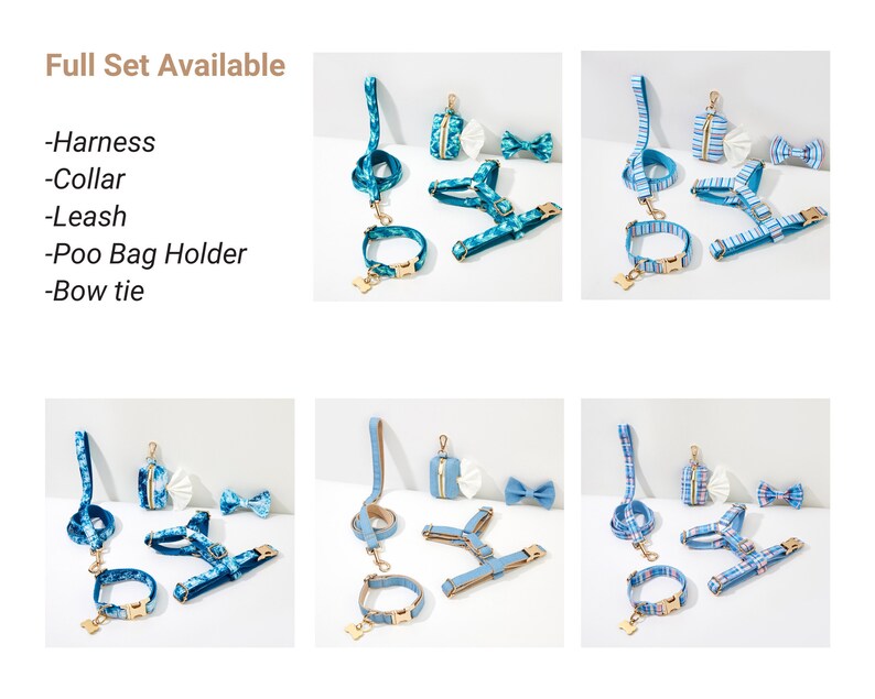 May include: A collection of dog accessories, including harnesses, collars, leashes, a poo bag holder, and bow ties. The sets feature various blue patterns and solid colors, with gold-colored hardware. The text "Full Set Available" is displayed at the top.