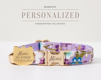 Luxury Purple Kitty Collar Bell Leash Set For Christmas Gift, Personalized Cat Collar Bowtie For Small Dog,Handmade Puppy Collar Leash Set