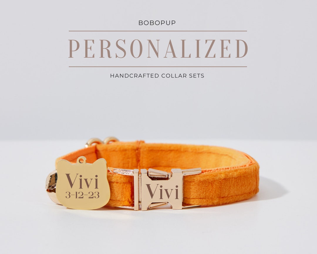 Orange Velvet Personalized Cat Collar Puppy Collar Bowtie Set Etsy