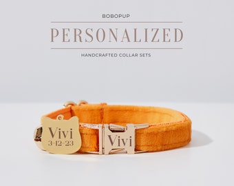 Orange Velvet Personalized Cat Collar Puppy Collar Bowtie Set For Wedding Gift,Engraved Kitten Name Tag For Free,Handmade Cat Collar Gift