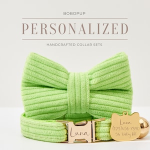 Personalized Lime Green Corduroy Cat Collar Leash Set,Cutest Kitten Collar Bell Bowtie For Wedding Gift,Handmade Puppy Collar Bowtie Set