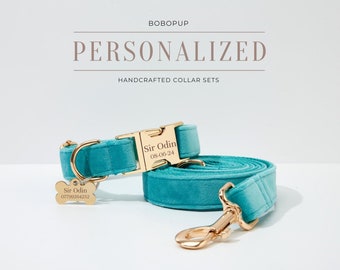 Turquoise Dog Collar and Leash Bow Set, Gold Metal with Custom Engraved ID, Wedding Boy Puppy Collar, Thick Velvet Dog Collar