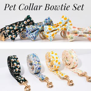 May include: Pet Collar Bowtie Set. The image displays a set of pet collars and matching bowties in various floral and fruit patterns. The collars have gold-colored hardware and a small tag. The matching leashes are rolled up and feature the same patterns.