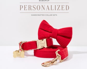 Fancy Red Cord Welpen Geschirr Leine Set für Neujahr Geschenk, personalisierte Hundehalsband Leine Bowtie Kotbeutel Halter für Weihnachtsgeschenk, Hundemarke