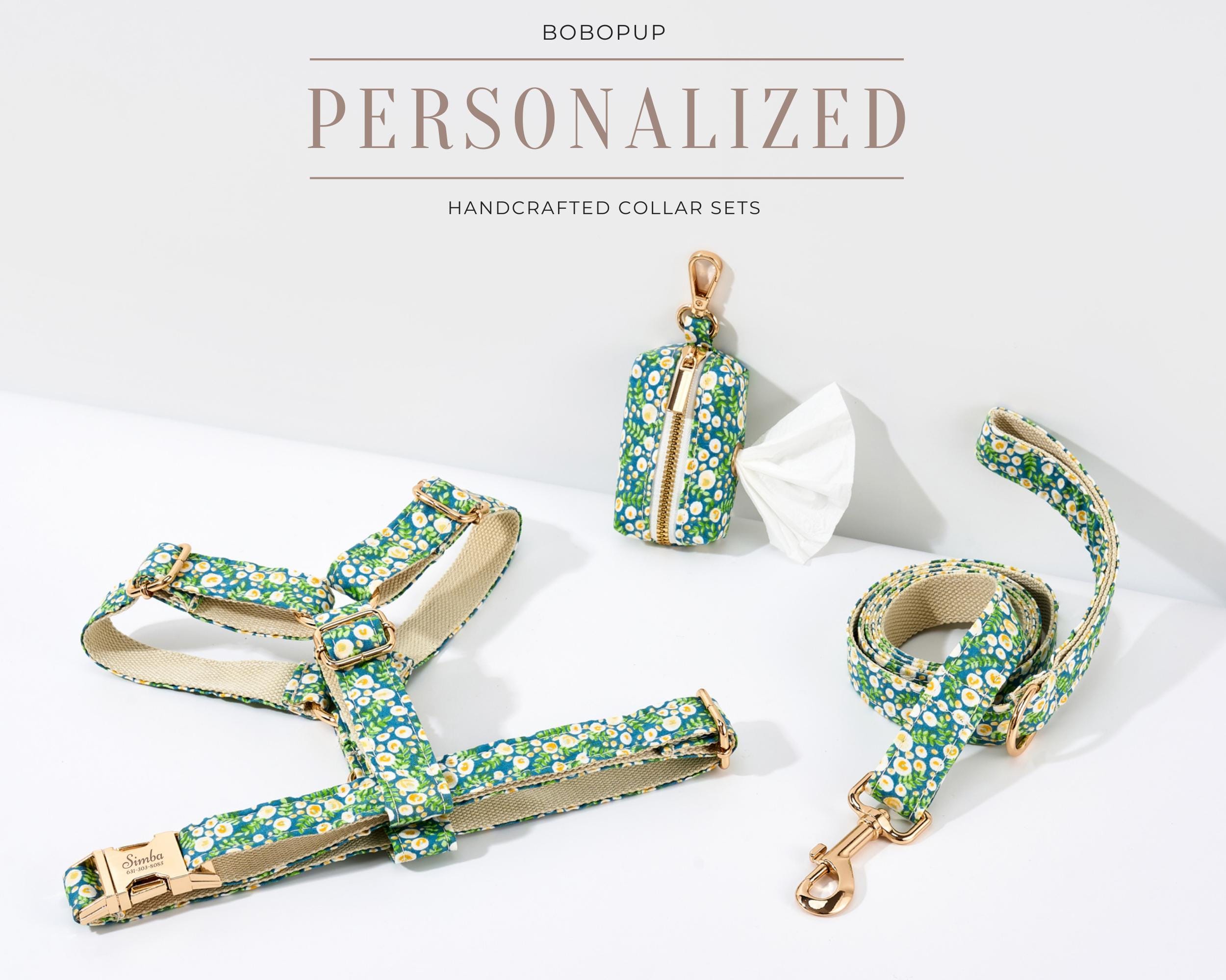 Personalized Sage Dog Harness Leash Set,Custom Floral Pet Harness With Pet Tag Leash Set for Dog Mom,Handmade Dog Gifts Collars