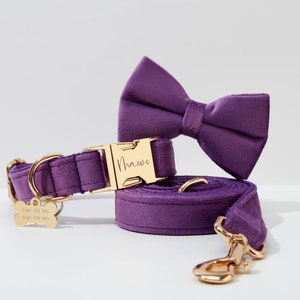 Purple Velvet Personalize Dog Collar Leash Flower Bow for Small Medium Large Pet,Custom Puppy Collar Leash Flower For Wedding Puppy Gift