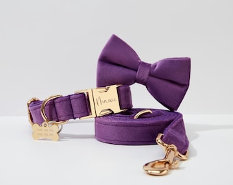 Purple Velvet Personalize Dog Collar Leash Flower Bow for Small Medium Large Pet,Custom Puppy Collar Leash Flower For Wedding Puppy Gift