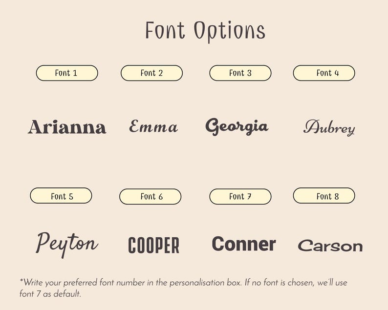 May include: A graphic showing eight different font options for names. The names Arianna, Emma, Georgia, Aubrey, Peyton, COOPER, Conner, and Carson are displayed in each font style. The text "Font Options" is at the top of the image. The text "Write your preferred font number in the personalisation box. If no font is chosen, we'll use font 7 as default." is at the bottom of the image.