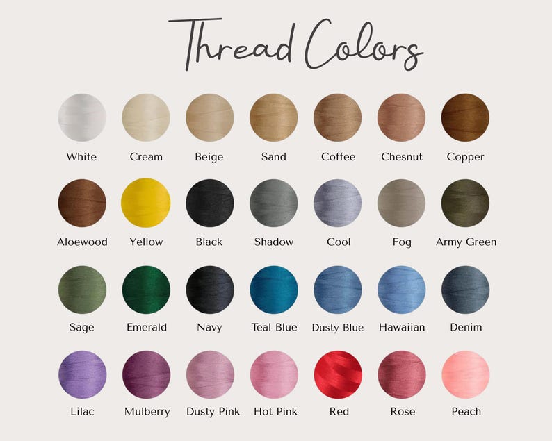 Puede incluir: Una carta de colores que muestra una variedad de colores de hilo. El texto "Thread Colors" est&aacute; en la parte superior. La carta incluye colores como blanco, crema, beige, arena, caf&eacute;, casta&ntilde;o, cobre, &aacute;loe, amarillo, negro, sombra, fr&iacute;o, niebla, verde militar, salvia, esmeralda, azul marino, azul turquesa, azul polvoriento, hawaiano, mezclilla, lila, mora, rosa polvoriento, rosa intenso, rojo, rosa y melocot&oacute;n.