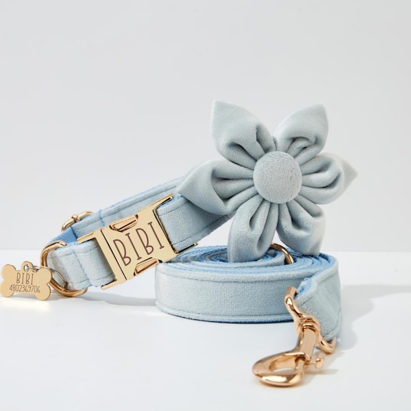 Baby Blau Samt Personalisieren Hundehalsband Leine Blumen Schleife für kleine mittelgroße Haustier, kundenspezifische Welpen Halsband Leine Blume für Hochzeit Welpe Geschenk