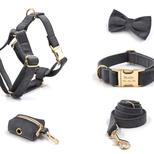 Gray Velvet Dog Harness Step in Harness Personalised Gold Etsy