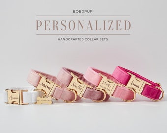Pink Velvet Dog Collar Set, Customized Puppy Collar Bow tie for Small and Large Puppy, Engraved Dog Puppy Bow tie Collar Set
