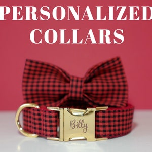 May include: Red and black checkered dog collar with a gold buckle and the name "Billy" engraved on it. The collar is paired with a matching bow tie.