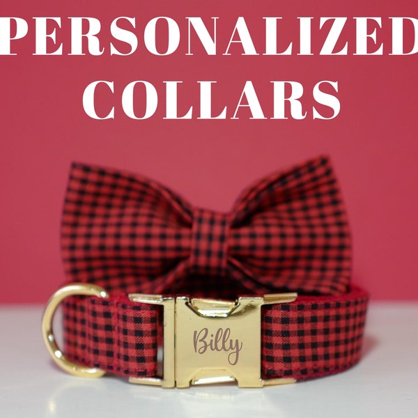 Red Dog Collars, Plaid Dog Collar, Personalized Collars, Custom Collar and Lead, Collar Buffalo Red Black, Boy Dog Collar with Name