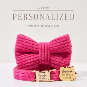 Personalized Rose Pink  Corduroy Kitty Collar Bowtie Set,Handmade Cat Collar Bell Bowtie,Engraved Cat Collar Leash For Wedding Gift
