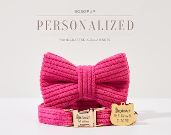 Personalized Rose Pink  Corduroy Kitty Collar Bowtie Set,Handmade Cat Collar Bell Bowtie,Engraved Cat Collar Leash For Wedding Gift