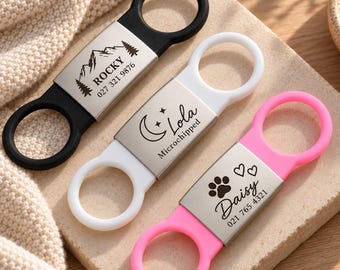 Engraved No-Jingle Dog Name Tag, Personalised Stainless Steel Plate with Silicone Holder