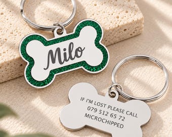 Custom Engraved Dog Tag, Personalized Glitter Bone Pet ID Tag for Dog Collar or Cat Collar
