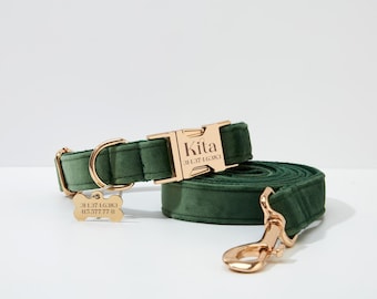 Pine Green Dog Collar Personalized with Name, Thick Velvet Wedding Dog Bow tie Collar and Leash, Custom Puppy Dog Collar Set