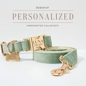 May include: A green velvet dog collar and leash set with gold hardware. The collar has a personalized name tag that reads "LUNA CR8 2DW". The leash has a matching name tag that reads "LUNA 07289010339".