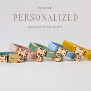 May include: Five personalized cat collars with gold-tone hardware and engraved name tags. The collars are in various colors, including green, pink, blue, and yellow. The name tags read "Jane", "Indoor Cat", "Patch", "Anna", and "Moosh".