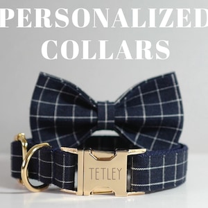 Blue Plaid Dog Collar Bow tie with Gold Hardware, Free Name Laser Engraving, Blue Gingham Dog Collar, Personalized Dog Collar