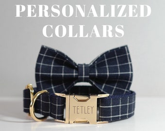 Pajarita de collar de perro a cuadros azul con herrajes dorados, grabado láser de nombre gratuito, collar de perro Gingham azul, collar de perro personalizado