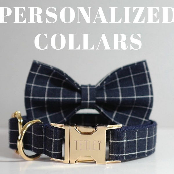 Blue Plaid Dog Collar Bow tie with Gold Hardware, Free Name Laser Engraving, Blue Gingham Dog Collar, Personalized Dog Collar