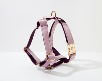 Lavender Velvet Dog Harness, Step in Harness Personalised Gold Hardware Harness for Girl Puppy, Dog Collar Harness and Leash Set