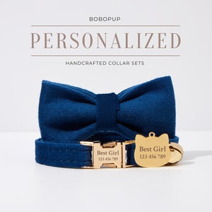 Navy Blue Velvet Personalized Cat Collar With Name, Kitten Collar Leash, Engraved Gold Cat Tag,Handmade Luxury Cat Collar for Puppy Collar