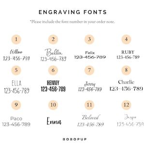 May include: A chart of 12 different fonts with the font name and a sample of the font. The font names are Willow, Bella, Felix, Ruby, Ella, Henny, Jerry, Charlie, Paco, Emma, Beloved, and Jasper. Each font has a number next to it, from 1 to 12.