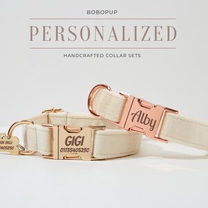 May include: Two personalised dog collars with rose gold hardware. The collars are made of a cream-coloured fabric and have the names "Gigi" and "Alby" engraved on the buckles. Each collar also has a matching rose gold dog tag with the owner's phone number.