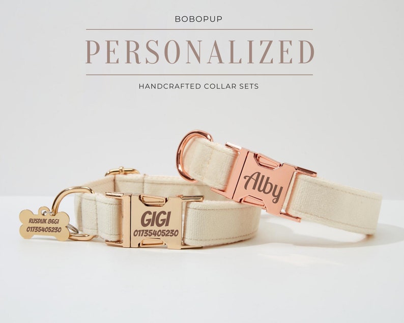 May include: Two personalised dog collars with rose gold hardware. The collars are made of a cream-coloured fabric and have the names "Gigi" and "Alby" engraved on the buckles. Each collar also has a matching rose gold dog tag with the owner's phone number.