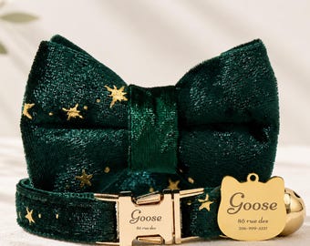 Personalized Cat Collar Leash Set Gift For Her,Engraved Name Kitties Collar Bowtie,Engraved Cat Name Tag,Handmade Not Breakaway Cat Collar