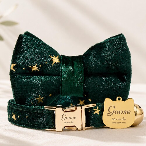 Set collare e guinzaglio per gatti personalizzato, regalo per lei, collare e papillon con nome inciso per gatti, targhetta con nome inciso per gatti, collare per gatti fatto a mano e non rimovibile.