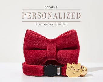 Fancy Breakaway Cat Collar Bowtie Set,Engraved Kitties Collar Leash, Engraved Gold Cat Tag,Handmade Luxury Cat Collar for Puppy Collar