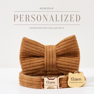 Fancy Corduroy Cat Collar Leash Bowtie Set,Handmade Kitty Collar Bell Set For Christmas Gift, Personalized Puppy Collar Leash Set