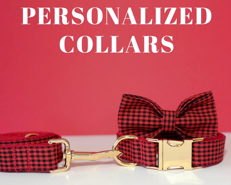 May include: Red and black checkered dog collar and matching bow tie.  Personalized Collars.