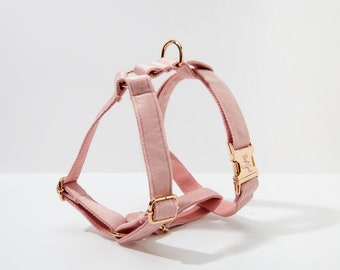 Baby Pink Velvet Personalized Harness With Gold Hardware,Fancy Velvet Harness Dog Collar and Leash Set for Large Small Puppy, Free Shipping