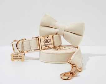 Cream Velvet Wedding Dog Collar Bow and Leash Set, Personalized Dog Accessories with Name Engraving, Dog Outfit at Wedding