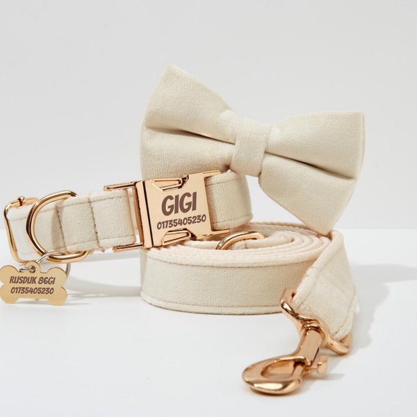 Crème fluwelen bruiloft halsband boog en riem set, gepersonaliseerde hondenaccessoires met naamgravure, hondenoutfit op bruiloft