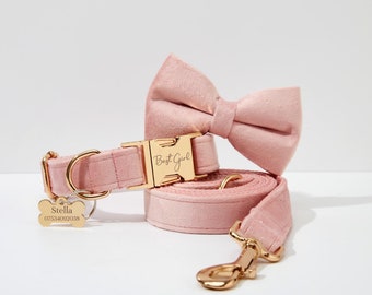 Pink Personalized Dog Collar Bow tie, Durable Thick Velvet and Metal Buckle, Dog Birthday Gift, Custom Wedding Collar and Leash UK