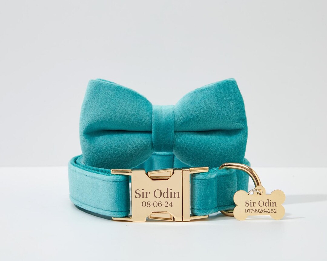 Turquoise Dog Collar and Leash Bow Set, Gold Metal With Custom Engraved ID, Wedding Boy Puppy