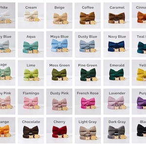 May include: A collection of dog collars and bow ties in various colors, including white, cream, beige, coffee, caramel, and cinnamon. Each set features a matching bow tie and collar with a gold-colored buckle.
