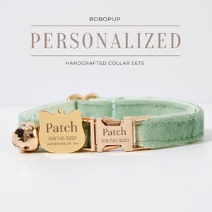 Customized Cat Collar in Sage Green Velvet, Engraved Kitties Collar Leash, Engraved Gold Cat Tag,Handmade Luxury Cat Collar for Puppy Collar