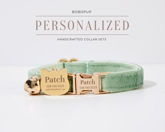 Personalized Sage Green Velvet Cat Collar with Engraved Name Tag,Handmade Kitten Collar and Leash Set,Perfect Christmas Gift,Wedding Gift