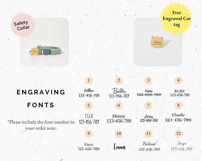 May include: A mint green safety collar with a gold-colored cat-shaped tag, engraved with a name and phone number. The image also displays font options for engraving, including Willow, Bella, Felix, and Ruby. Text reads "Free Engraved Cat tag."