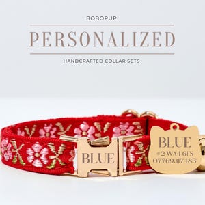 May include: Red and pink floral patterned cat collar with a gold buckle and a gold cat-shaped tag that says "BLUE #2 WA4 6FS 077769317 185".