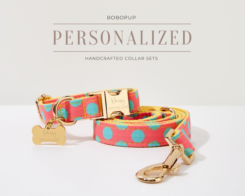 May include: A pink and yellow dog collar set with blue polka dots. The collar and leash are both personalized with the name "Daisy" and a phone number. The set features gold hardware.